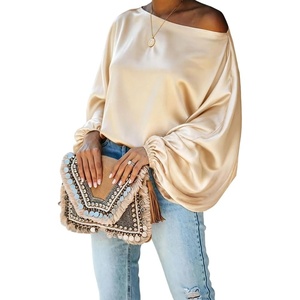 CHICME Women’s Satin Off Shoulder Top Skew Neck Lantern Sleeve Blouse(Champagne)