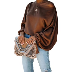 CHICME Women’s Satin Off Shoulder Top Skew Neck Lantern Sleeve Blouse(Coffee)