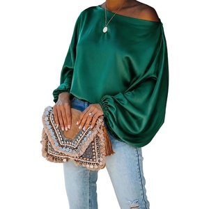 CHICME Women’s Satin Off Shoulder Top Skew Neck Lantern Sleeve Blouse(Emerald)