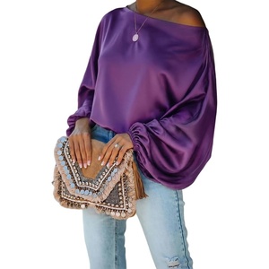 CHICME Women’s Satin Off Shoulder Top Skew Neck Lantern Sleeve Blouse(Purple)