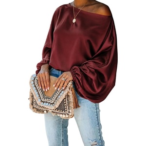 CHICME Women’s Satin Off Shoulder Top Skew Neck Lantern Sleeve Blouse(Wine Red)